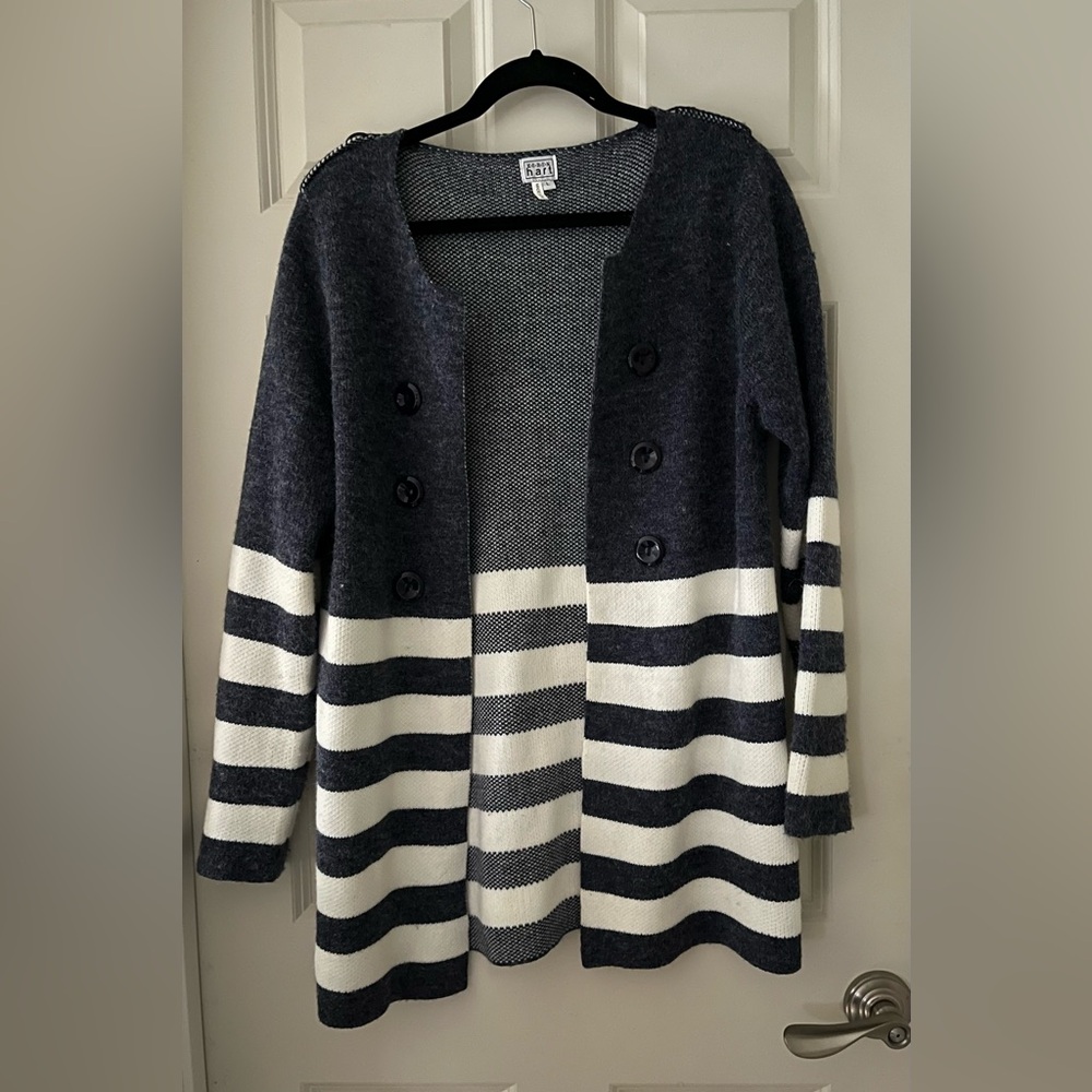 Women’s KEREN Hart Long Open Cardigan Blue/white Stripe Sweater Nautical size L